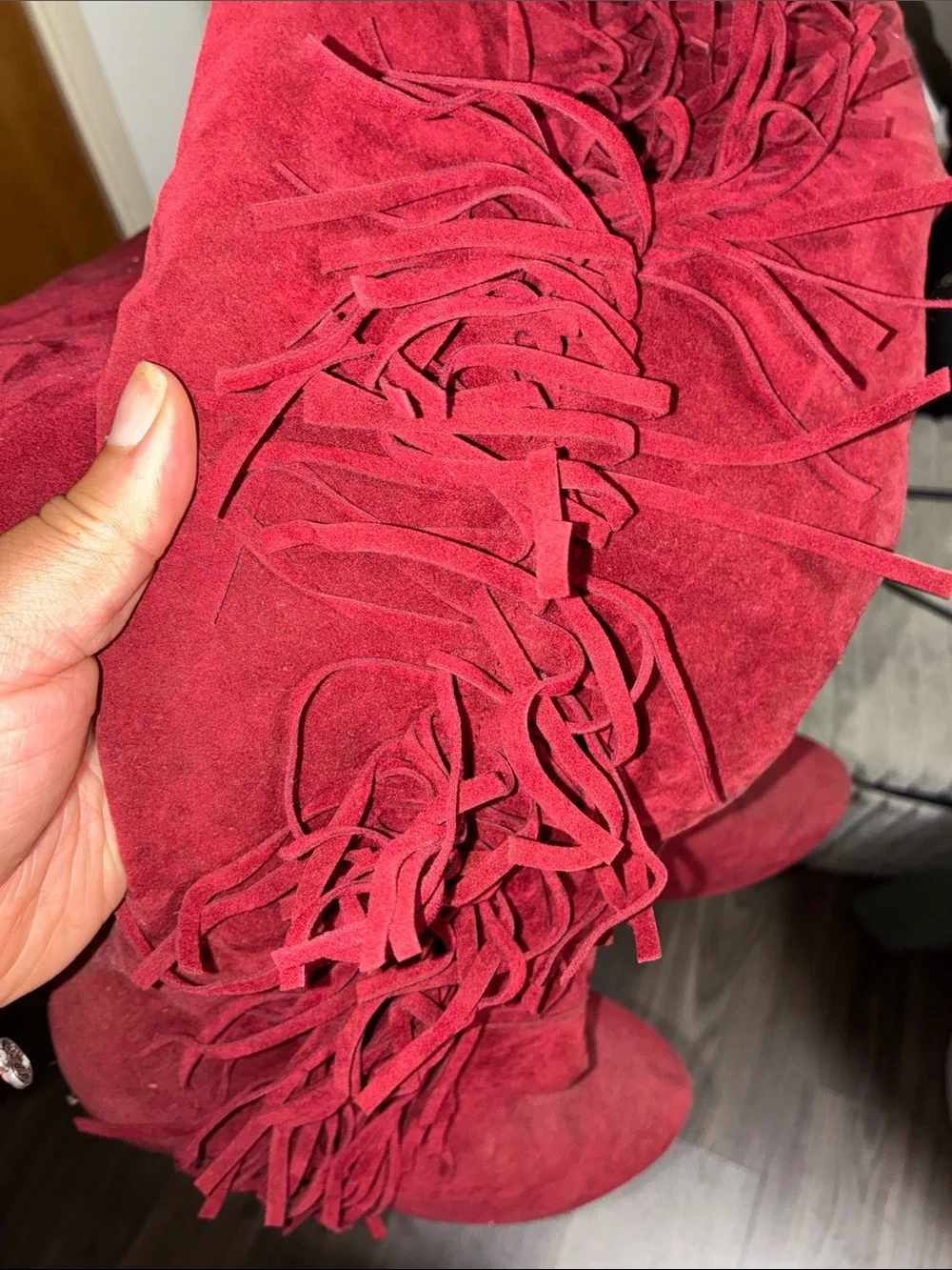 Red Fringe Suede Knee-High Wedge Boots - Women